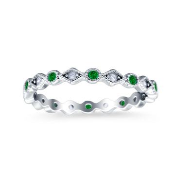 Full Eternity Stackable Ring Wedding Band Round Simulated Green Emerald CZ 925 Sterling Silver (3mm)